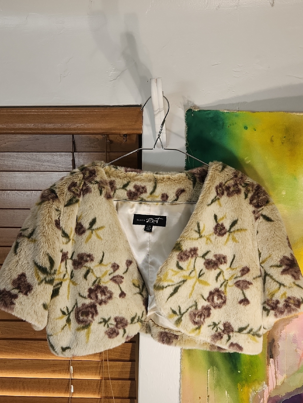 Black Rivet Cream Floral Faux Fur Bolero with Brown & Olive Accents